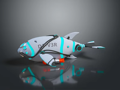 3D Model Of DEV3R Mechanical Fish With Blue Green Accents And Orange Details 3d model