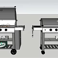 Outdoor Grill Setup With Sausages Meat Skewers Plates And Bottles