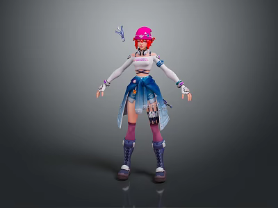 Woman With Pink Hair In White Top Blue Skirt And Boots On Gray Background 3d model