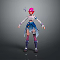 Woman With Pink Hair In White Top Blue Skirt And Boots On Gray Background