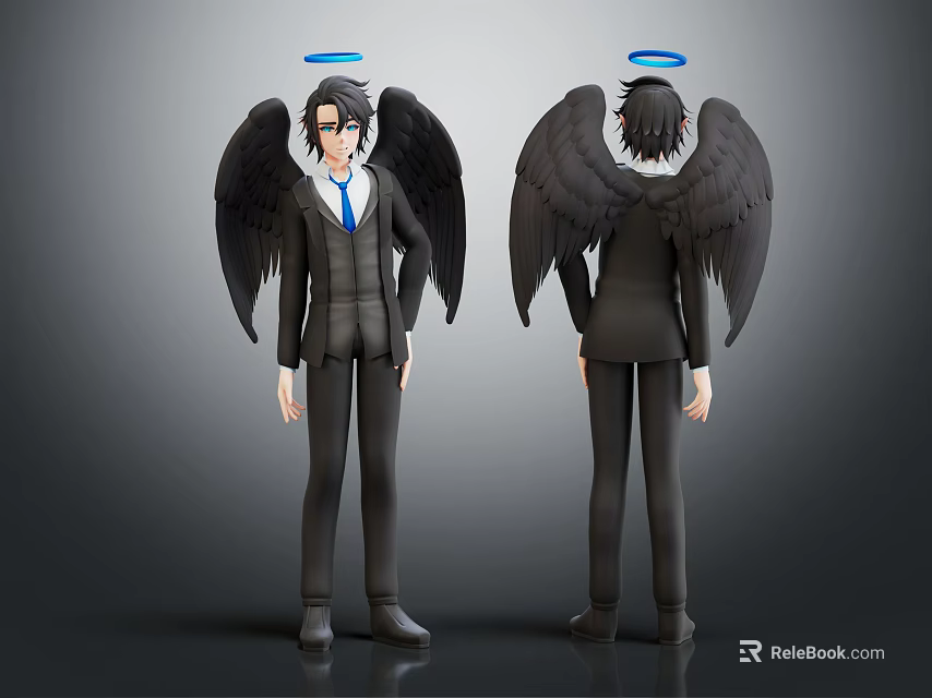 Two Characters in Suits With Black Wings and Halos Design Concept Art 3d model 