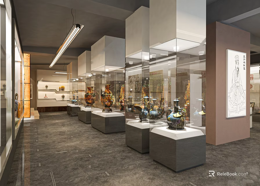 Museum Exhibition Hall With Glass Display Cases And Ancient Artifacts On Gray Stands 3d model 
