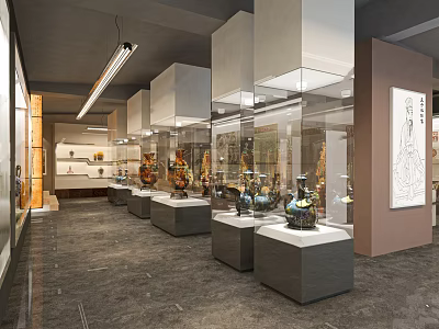 Museum Exhibition Hall With Glass Display Cases And Ancient Artifacts On Gray Stands 3d model