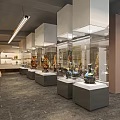 Museum Exhibition Hall With Glass Display Cases And Ancient Artifacts On Gray Stands