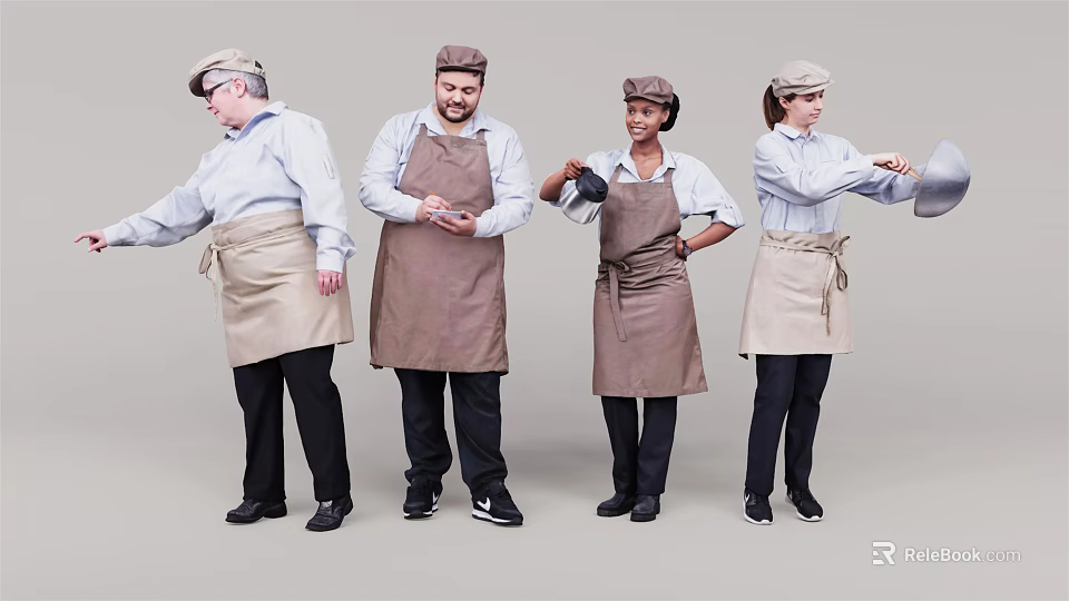 Group of People Wearing Aprons and Hats in Different Standing Poses 3d model 