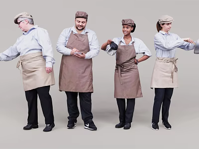 Group of People Wearing Aprons and Hats in Different Standing Poses 3d model
