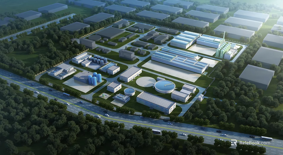 Modern Industrial Factory Plant Aerial Layout With Greenery Roads And Facilities 3d model 