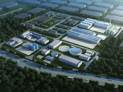 Modern Industrial Factory Plant Aerial Layout With Greenery Roads And Facilities 3d model