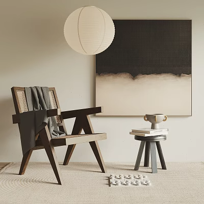 Woven Back Wooden Lounge Chair With Gray Throw Blanket Side Table And Abstract Wall Art 3d model