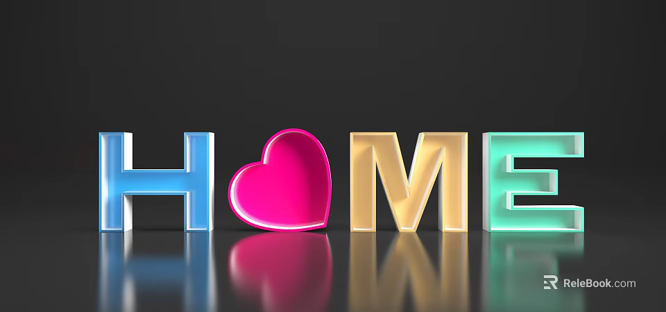 Colorful 3D Letters Forming HOME Word With Heart Shape And Reflection On Dark Background 3d model 