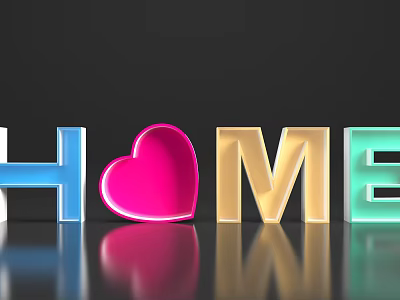 Colorful 3D Letters Forming HOME Word With Heart Shape And Reflection On Dark Background 3d model