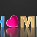 Colorful 3D Letters Forming HOME Word With Heart Shape And Reflection On Dark Background