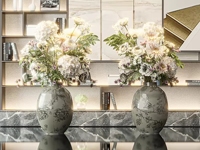 Elegant Modern Vases With Gray Patterns Holding White Lavender Flowers On Marble Countertop 3d model