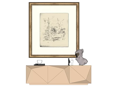 Golden Framed Sketch Drawing Above Geometric Cabinet With Gray Dog Figurine 3d model
