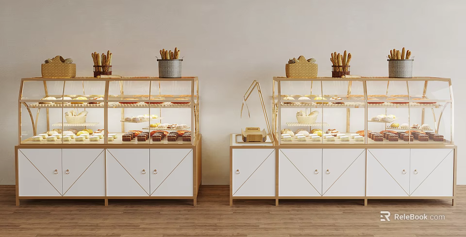 Bakery Display Shelves with Glass Layers Pastries Gold Frames and Wooden Bases 3d model 