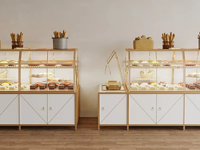 Bakery Display Shelves with Glass Layers Pastries Gold Frames and Wooden Bases 3d model
