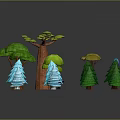 3D Rendered Cartoon Style Trees With Various Colors And Different Shapes