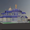 Cartoon Scene of Magical Castle with Blue Gold Domes Multiple Towers Green Lawns and Steps
