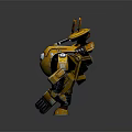 Yellow Mechanical Robot Character With Weapon And Back Red Light Antenna Structures 3d model
