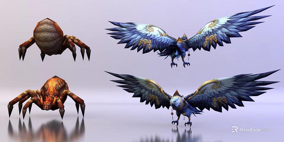 Fantasy Game Character Artwork Featuring Blue Eagle and Spider Creatures with Golden Patterns 3d model 