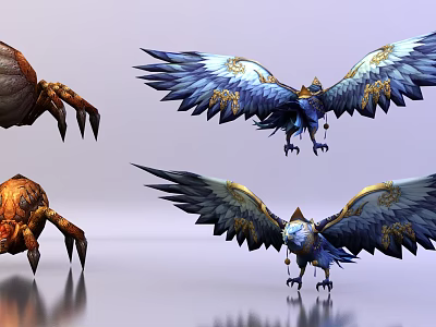 Fantasy Game Character Artwork Featuring Blue Eagle and Spider Creatures with Golden Patterns 3d model