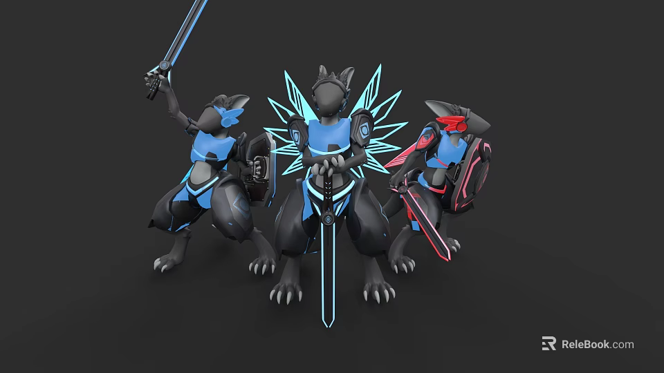 Wolf Like Armored Game And Movie Characters With Glowing Blue Elements Holding Swords And Shields 3d model 
