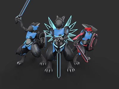 Wolf Like Armored Game And Movie Characters With Glowing Blue Elements Holding Swords And Shields 3d model