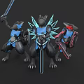 Wolf Like Armored Game And Movie Characters With Glowing Blue Elements Holding Swords And Shields