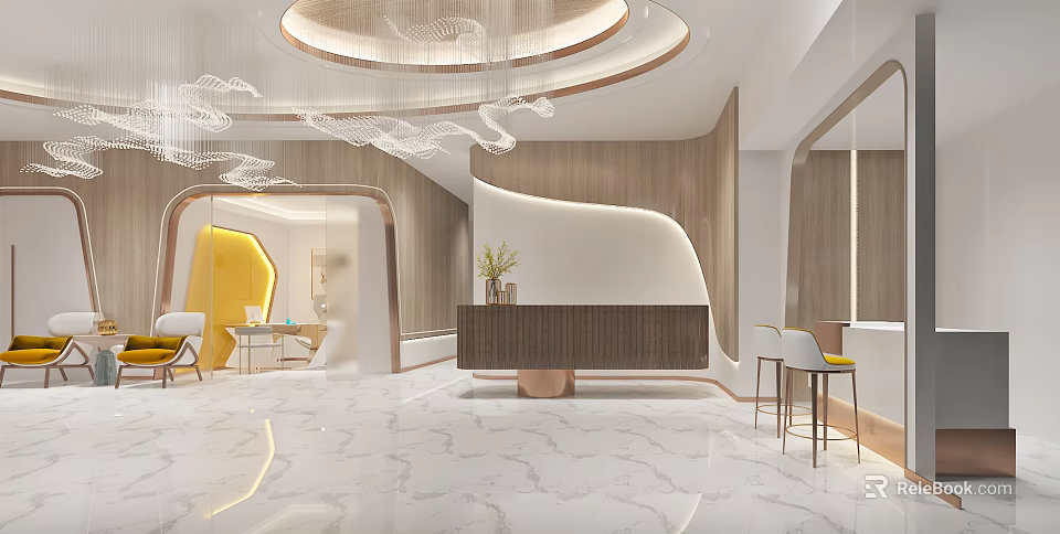 Modern Beauty Hair Salon Interior With Comfortable Chairs Mirrors Wooden Decor And Soft Lighting Fixtures 3d model 