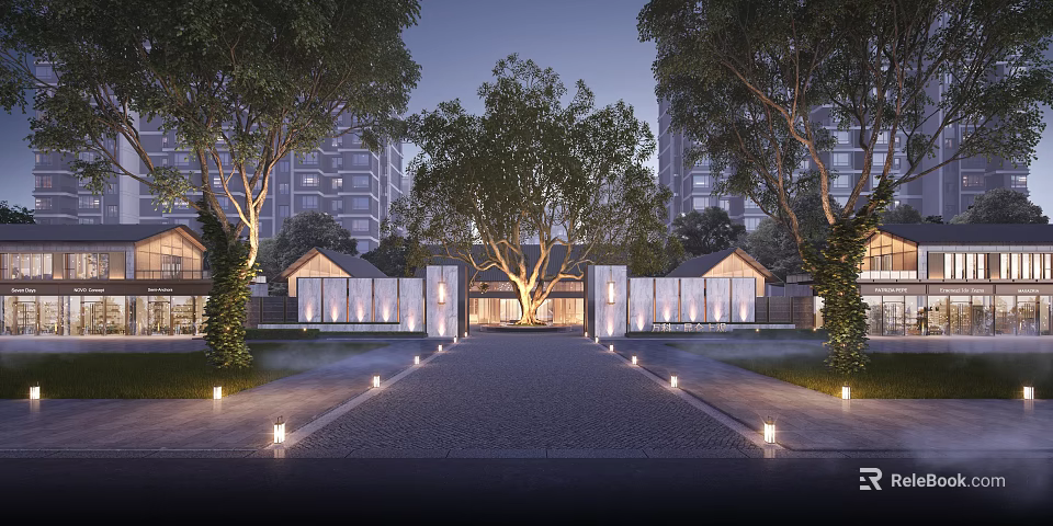 Elegant Sales Office Building Featuring Illuminated Stone Path And Lush Trees 3d model 
