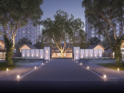 Elegant Sales Office Building Featuring Illuminated Stone Path And Lush Trees 3d model