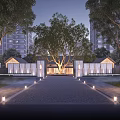 Elegant Sales Office Building Featuring Illuminated Stone Path And Lush Trees