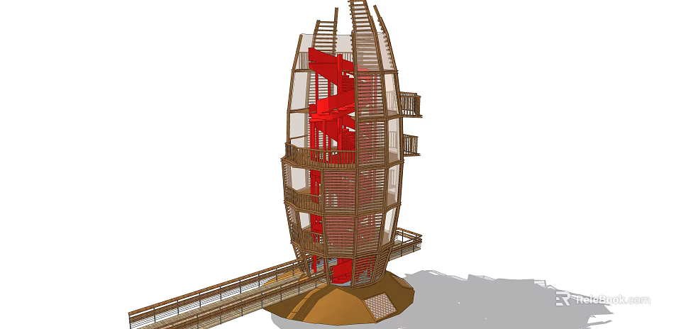 Wooden Tower Featuring Red Spiral Staircase And Multiple Observation Platforms With Base Walkway 3d model 