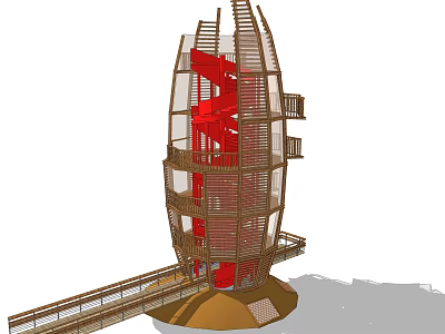 Wooden Tower Featuring Red Spiral Staircase And Multiple Observation Platforms With Base Walkway 3d model