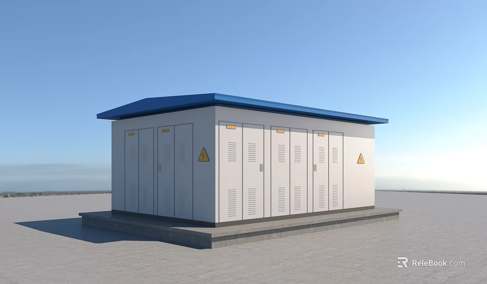 Blue Roof White Electrical Building With Multiple Doors Yellow Warning Signs In Open Outdoor Area 3d model 