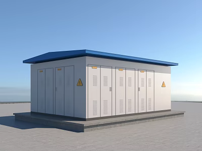 Blue Roof White Electrical Building With Multiple Doors Yellow Warning Signs In Open Outdoor Area 3d model