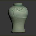 Green Ceramic Pottery Jar with Bamboo Leaf Carving for Home Decorative Use