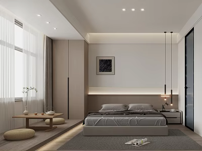 Modern Hotel Guest Room Interior With Bed Nightstand Window Curtains Decorative Painting And Soft Lighting 3d model