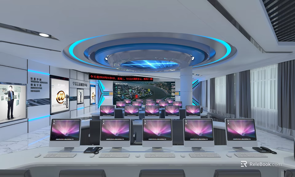 Modern Control Room with Multiple Computer Monitors Large Display Screen and Modern Lighting 3d model