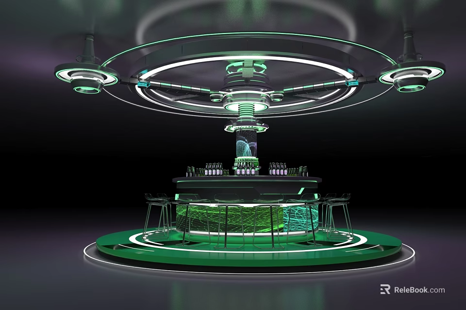 Modern Circular Art Installation With Green Lighting And Display Platform 3d model