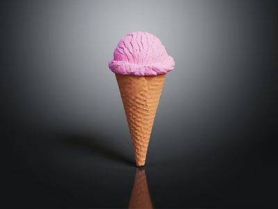 Creamy Pink Ice Cream Scoop in Waffle Cone on Dark Surface 3d model