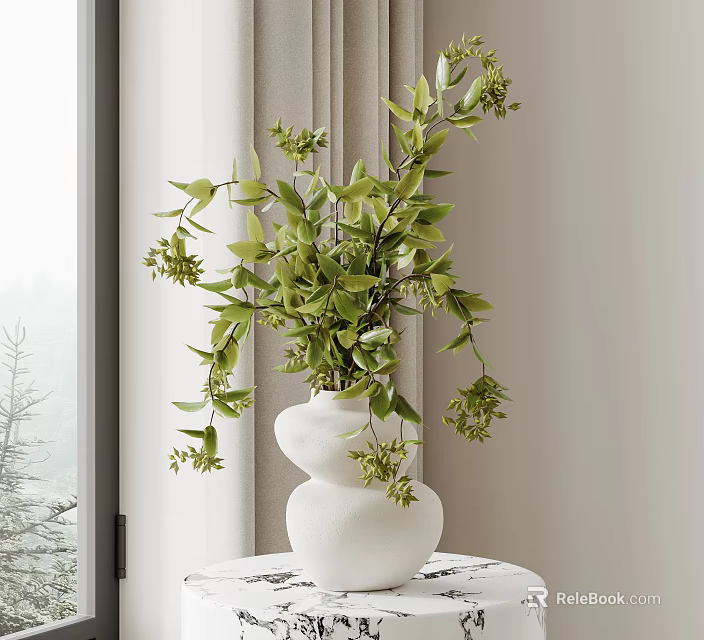 White Stacked Vase With Green Foliage And Small Flowers In Bright Room 3d model 