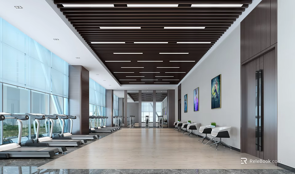 Modern Gym Interior With Fitness Equipment And Seating 3d model 