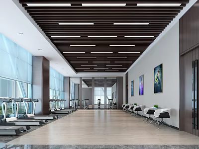 Modern Gym Interior With Fitness Equipment And Seating 3d model