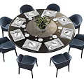 Round Dining Table with Blue Chairs Table Mats Green Plant and Tableware 3d model