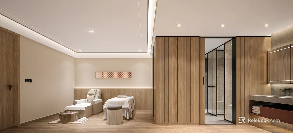 Modern SPA Room Interior With Wooden Panel Walls Massage Bed And Relaxing Chair 3d model 