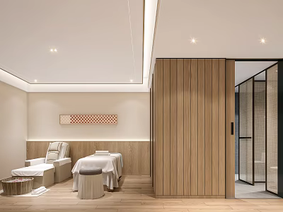 Modern SPA Room Interior With Wooden Panel Walls Massage Bed And Relaxing Chair 3d model