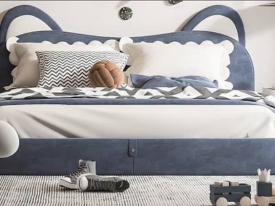 Kids Bed With Cute Rabbit Ear Headboard Blue White Striped Pillow Storage Drawer And Wooden Toys 3d model
