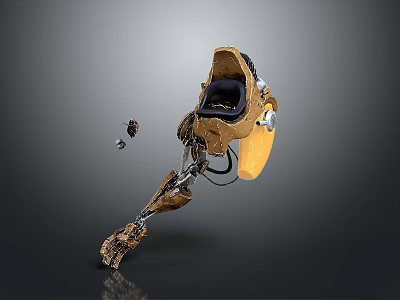 Character With Biomechanical Prosthetic Leg In Dark Background Featuring Yellow Brown Metal Components And Fragments 3d model