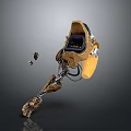 Character With Biomechanical Prosthetic Leg In Dark Background Featuring Yellow Brown Metal Components And Fragments